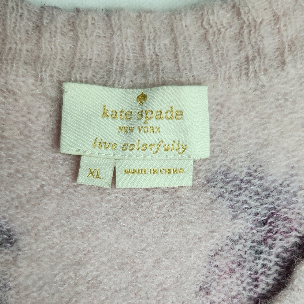 Kate Spade XL Pink Purple Floral Short Sleeve Fuzzy Knit Sweater Pullover - Picture 3 of 4